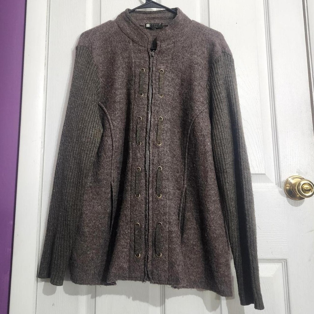 Vintage Brown Wool & Ribbed Knit Zip-Up Jacket